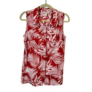 Dana Buchman Linen Blend Tropical Print Red & White Sleeveless Button Down Shirt